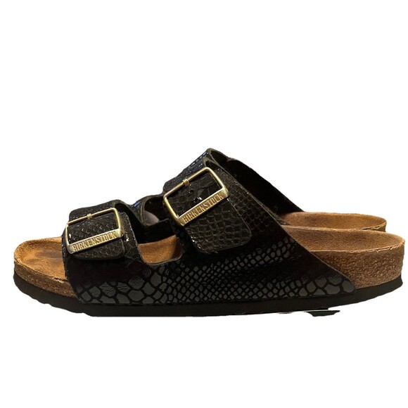 Birkenstock Arizona Shiny Snake Black Birko Flor Sandals Made in Germany Size 10 - Picture 2 of 16